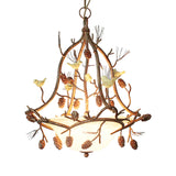 3 Lights Frosted Glass Hanging Chandelier Country Brown Bowl Dining Room Pendant Light Fixture with Bird and Pinecone Clearhalo 'Ceiling Lights' 'Chandeliers' 'Glass shade' 'Glass' 'Modern Chandeliers' 'Modern' Lighting' 228568