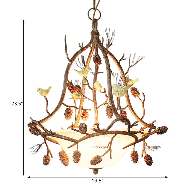 3 Lights Frosted Glass Hanging Chandelier Country Brown Bowl Dining Room Pendant Light Fixture with Bird and Pinecone Clearhalo 'Ceiling Lights' 'Chandeliers' 'Glass shade' 'Glass' 'Modern Chandeliers' 'Modern' Lighting' 228569