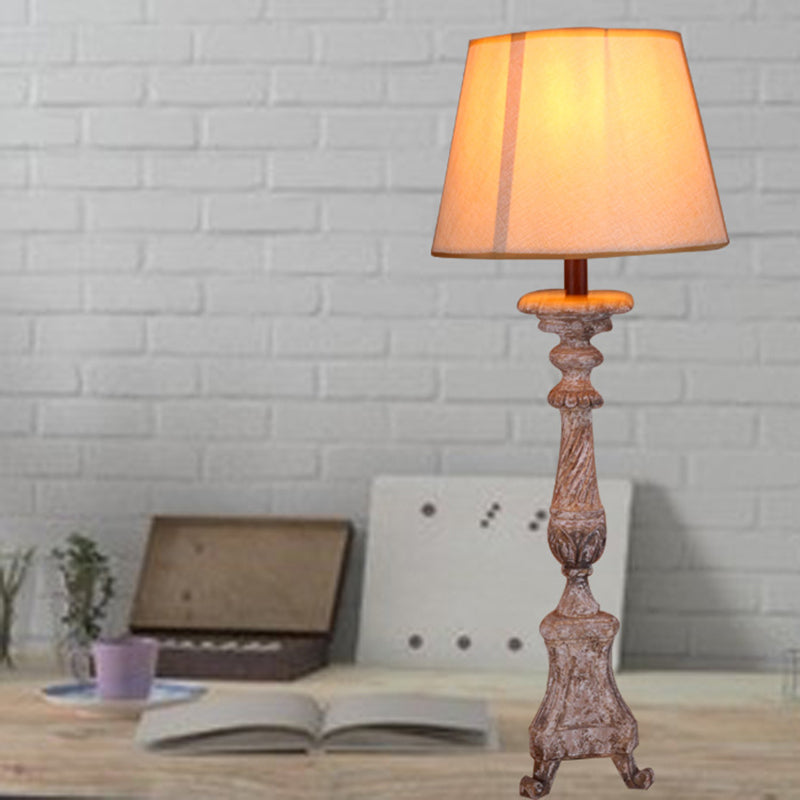 Trapezoid Fabric Table Lamp Vintage 1 Light Study Room Night Light with Taupe Bluster Wood Base Clearhalo 'Lamps' 'Table Lamps' Lighting' 228588