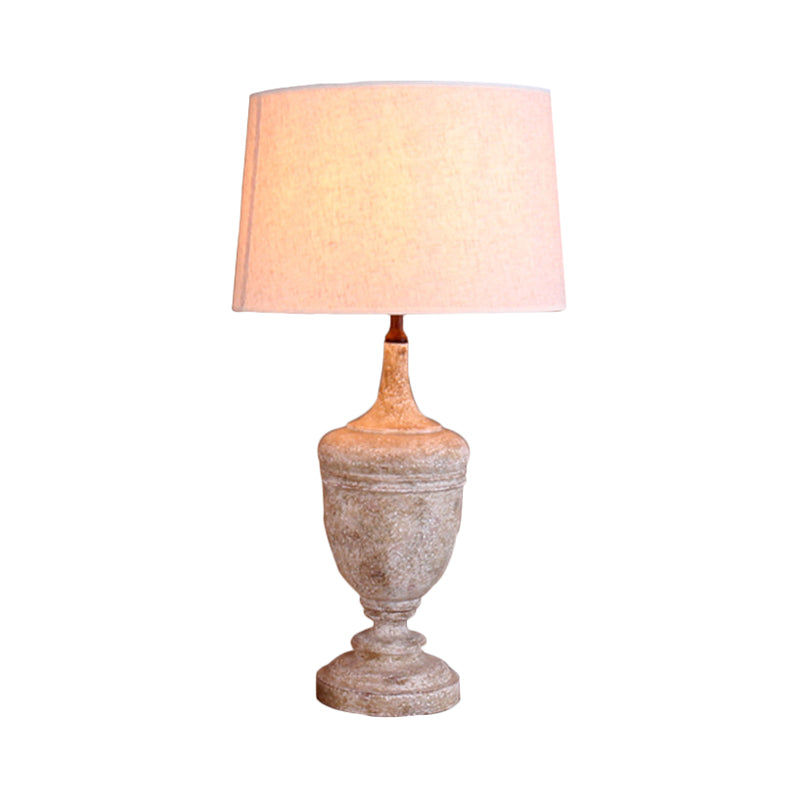 1 Light Fabric Table Light Vintage White Drum Shade Bedside Night Lamp with Distressed White Wood Base Clearhalo 'Lamps' 'Table Lamps' Lighting' 228594