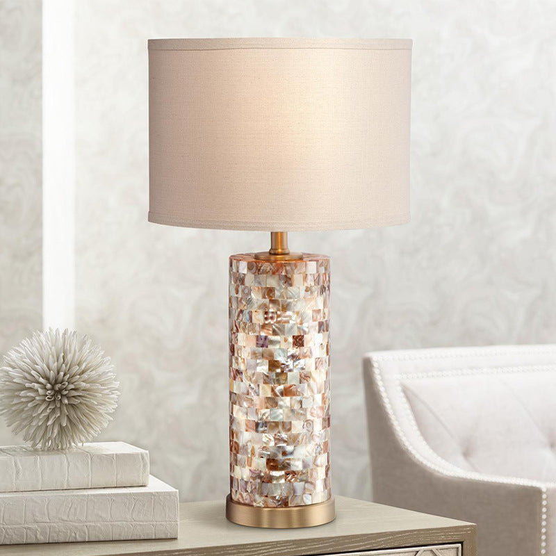 Drum Fabric Table Light Vintage 1 Light Study Room Night Lamp with Cylinder Crystal Base in Brass Finish Brass Clearhalo 'Lamps' 'Table Lamps' Lighting' 228600