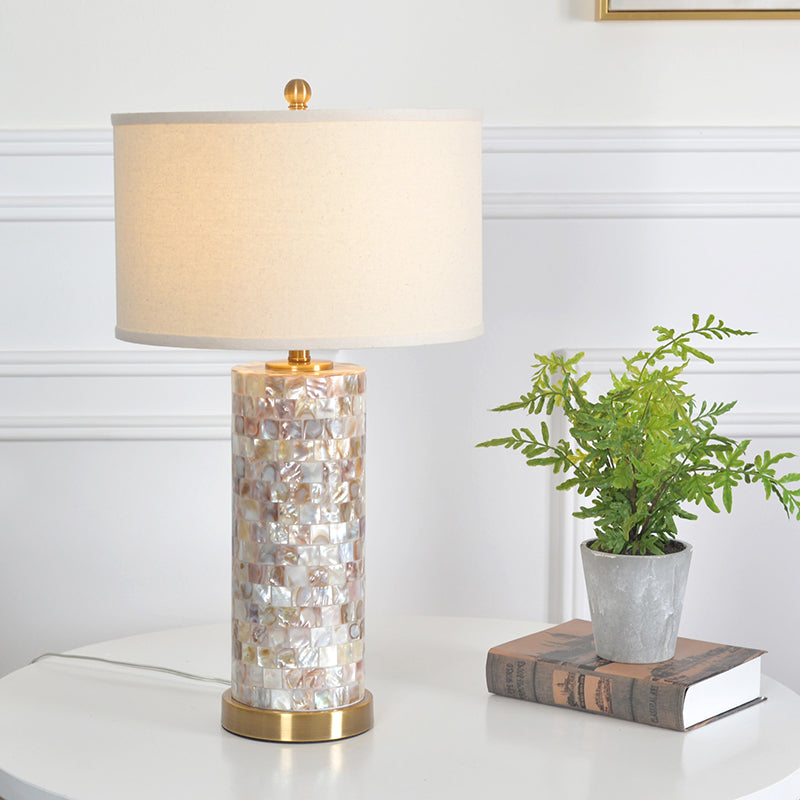 Drum Fabric Table Light Vintage 1 Light Study Room Night Lamp with Cylinder Crystal Base in Brass Finish Clearhalo 'Lamps' 'Table Lamps' Lighting' 228601