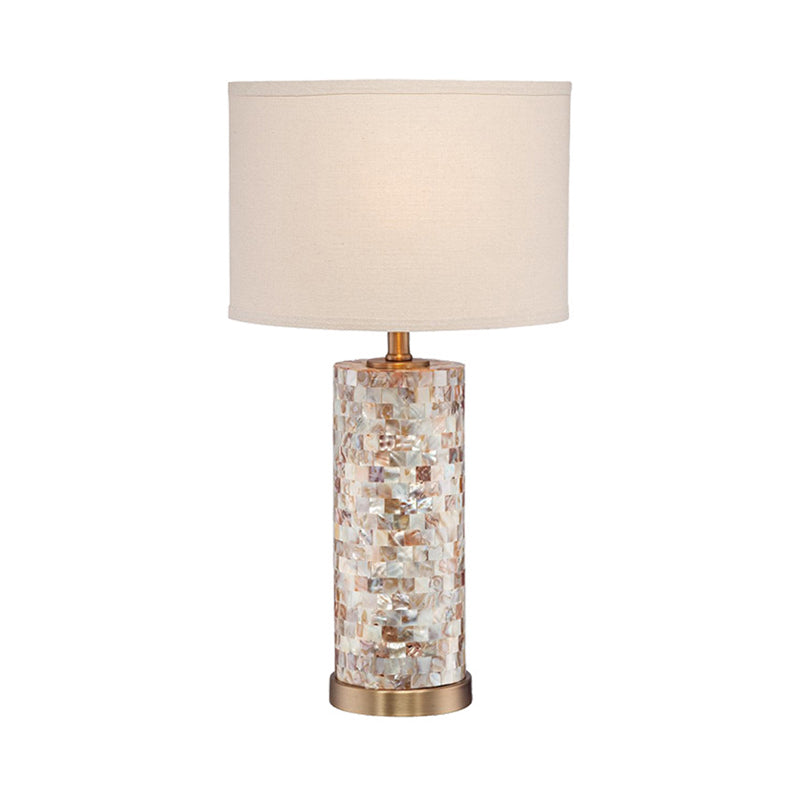 Drum Fabric Table Light Vintage 1 Light Study Room Night Lamp with Cylinder Crystal Base in Brass Finish Clearhalo 'Lamps' 'Table Lamps' Lighting' 228602