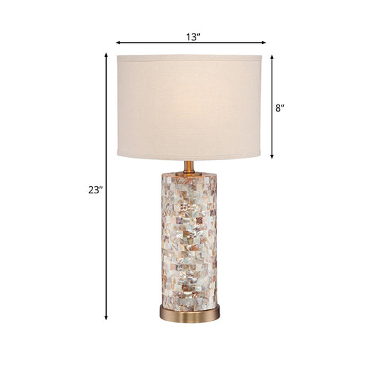 Drum Fabric Table Light Vintage 1 Light Study Room Night Lamp with Cylinder Crystal Base in Brass Finish Clearhalo 'Lamps' 'Table Lamps' Lighting' 228603