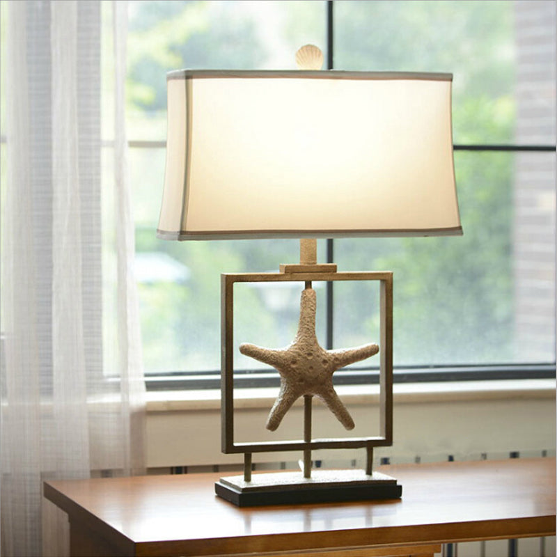 1 Light Trapezoid Table Lamp Vintage White Fabric Table Light with Starfish Design Clearhalo 'Lamps' 'Table Lamps' Lighting' 228605