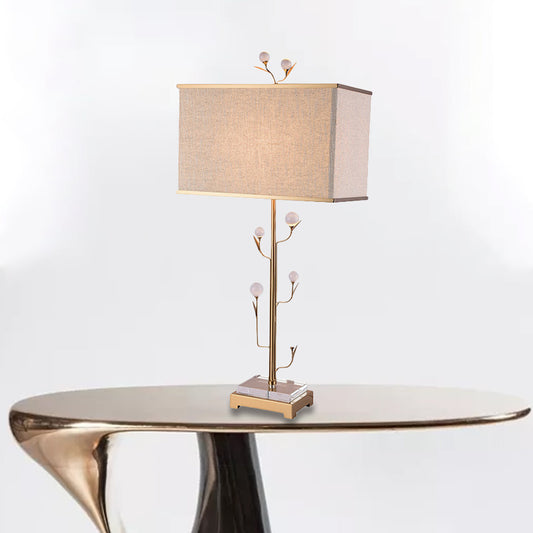 1 Light Rectangle Table Light Vintage Beige Fabric Night Lamp with Gold Rod and Crystal Ball Gold Clearhalo 'Lamps' 'Table Lamps' Lighting' 228614