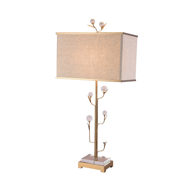 1 Light Rectangle Table Light Vintage Beige Fabric Night Lamp with Gold Rod and Crystal Ball Clearhalo 'Lamps' 'Table Lamps' Lighting' 228616