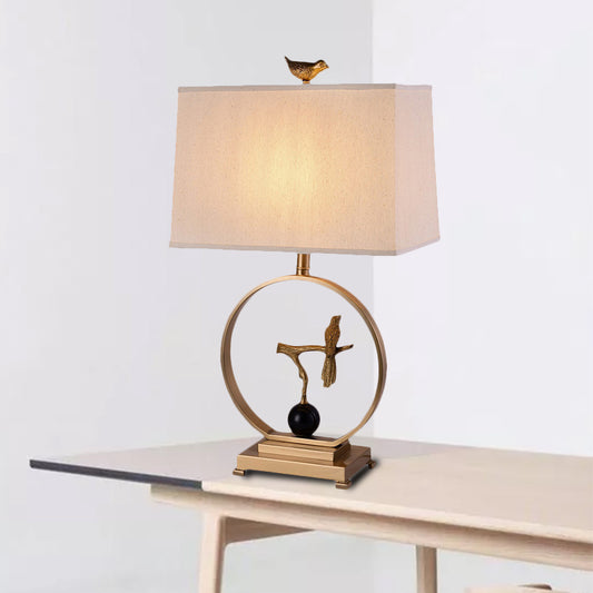 White 1 Light Table Light Vintage Fabric Rectangle Table Lamp with Gold Bird Design Gold Clearhalo 'Lamps' 'Table Lamps' Lighting' 228629