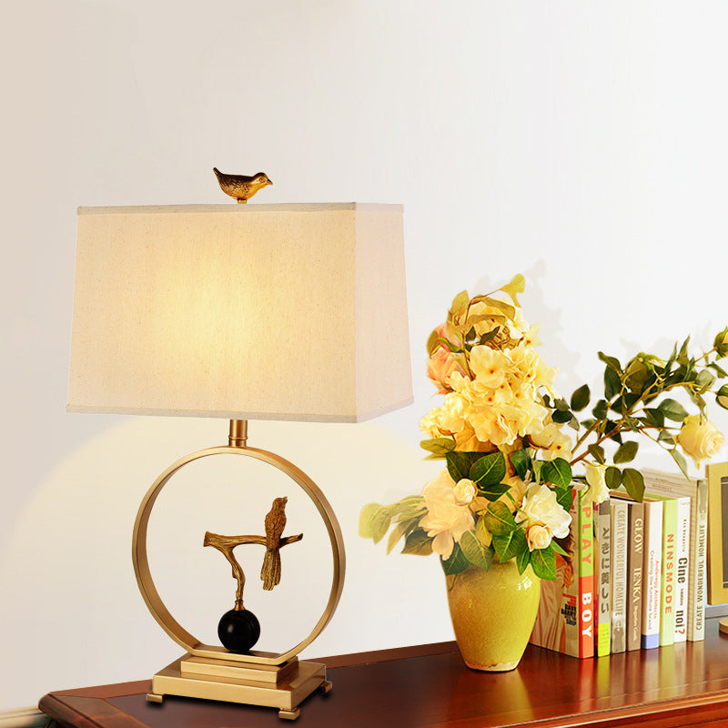 White 1 Light Table Light Vintage Fabric Rectangle Table Lamp with Gold Bird Design Clearhalo 'Lamps' 'Table Lamps' Lighting' 228630