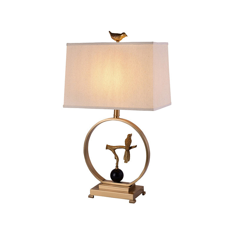 White 1 Light Table Light Vintage Fabric Rectangle Table Lamp with Gold Bird Design Clearhalo 'Lamps' 'Table Lamps' Lighting' 228631