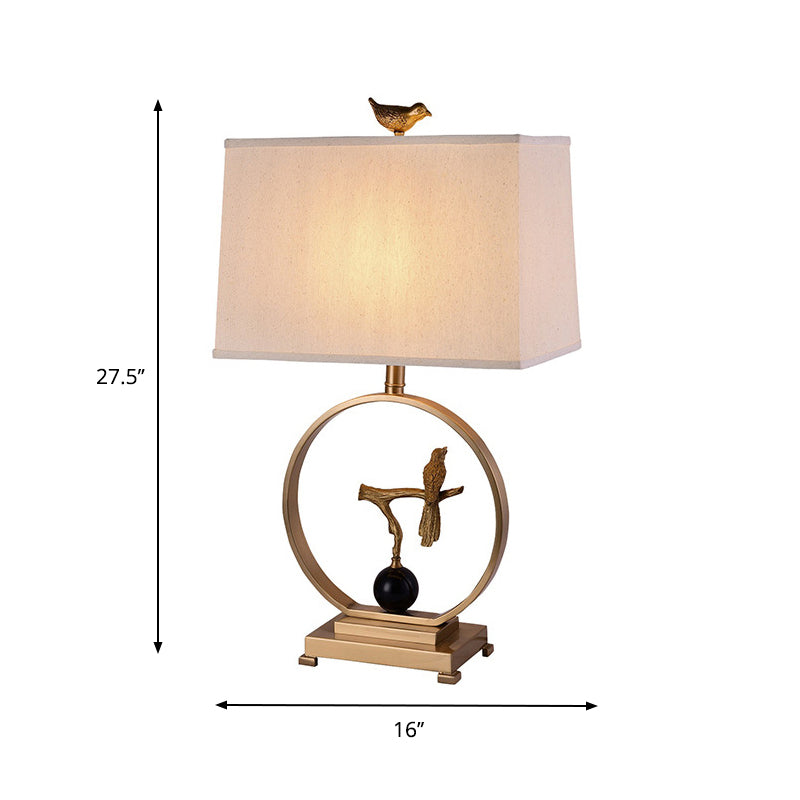 White 1 Light Table Light Vintage Fabric Rectangle Table Lamp with Gold Bird Design Clearhalo 'Lamps' 'Table Lamps' Lighting' 228632