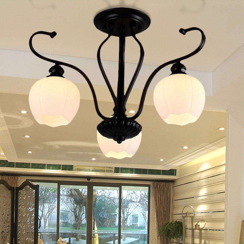 Flower Shape Living Room Semi Flush Light Classic White Glass 3/6/8 Lights Black Ceiling Lighting Clearhalo 'Ceiling Lights' 'Close To Ceiling Lights' 'Close to ceiling' 'Glass shade' 'Glass' 'Semi-flushmount' Lighting' 228684