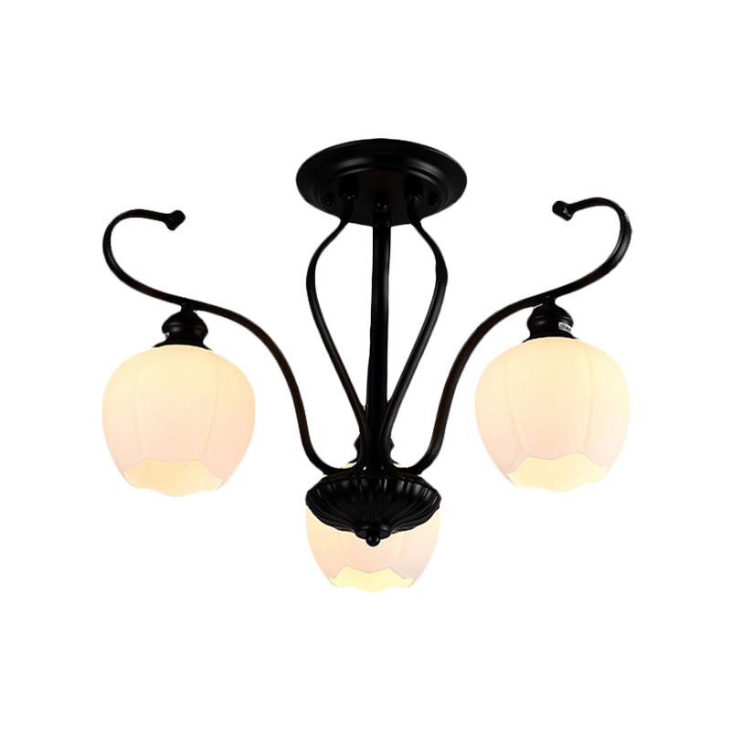 Flower Shape Living Room Semi Flush Light Classic White Glass 3/6/8 Lights Black Ceiling Lighting Clearhalo 'Ceiling Lights' 'Close To Ceiling Lights' 'Close to ceiling' 'Glass shade' 'Glass' 'Semi-flushmount' Lighting' 228685