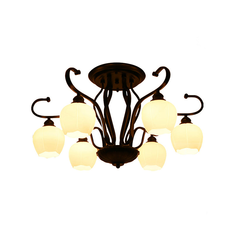 Flower Shape Living Room Semi Flush Light Classic White Glass 3/6/8 Lights Black Ceiling Lighting Clearhalo 'Ceiling Lights' 'Close To Ceiling Lights' 'Close to ceiling' 'Glass shade' 'Glass' 'Semi-flushmount' Lighting' 228689