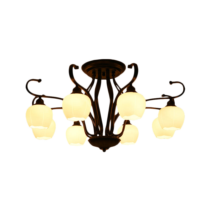 Flower Shape Living Room Semi Flush Light Classic White Glass 3/6/8 Lights Black Ceiling Lighting Clearhalo 'Ceiling Lights' 'Close To Ceiling Lights' 'Close to ceiling' 'Glass shade' 'Glass' 'Semi-flushmount' Lighting' 228692