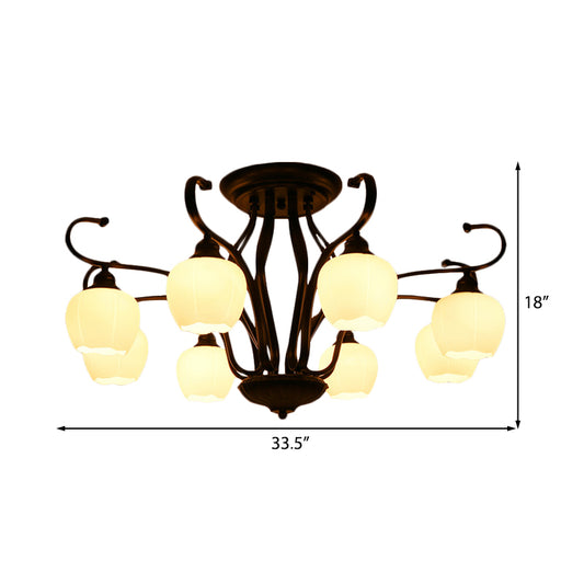 Flower Shape Living Room Semi Flush Light Classic White Glass 3/6/8 Lights Black Ceiling Lighting Clearhalo 'Ceiling Lights' 'Close To Ceiling Lights' 'Close to ceiling' 'Glass shade' 'Glass' 'Semi-flushmount' Lighting' 228693