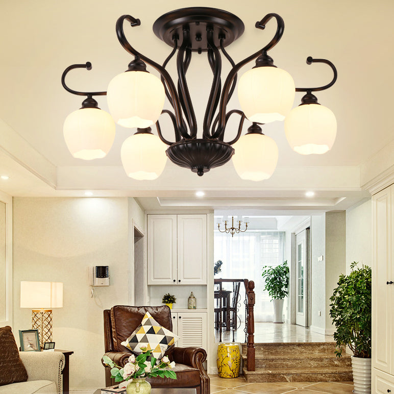 Flower Shape Living Room Semi Flush Light Classic White Glass 3/6/8 Lights Black Ceiling Lighting 6 White Clearhalo 'Ceiling Lights' 'Close To Ceiling Lights' 'Close to ceiling' 'Glass shade' 'Glass' 'Semi-flushmount' Lighting' 228694