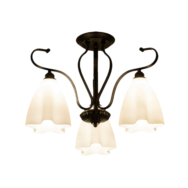 3/6/8 Lights White Glass Ceiling Light Fixture Classic Black Flower Shaped Living Room Semi Mount Lighting Clearhalo 'Ceiling Lights' 'Close To Ceiling Lights' 'Close to ceiling' 'Glass shade' 'Glass' 'Semi-flushmount' Lighting' 228697