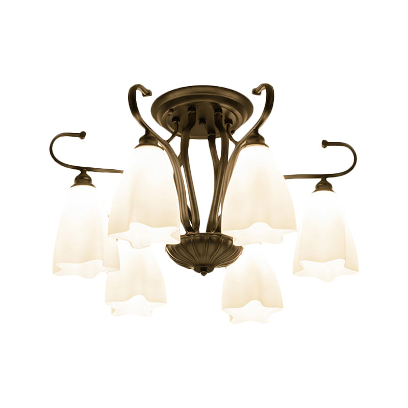 3/6/8 Lights White Glass Ceiling Light Fixture Classic Black Flower Shaped Living Room Semi Mount Lighting Clearhalo 'Ceiling Lights' 'Close To Ceiling Lights' 'Close to ceiling' 'Glass shade' 'Glass' 'Semi-flushmount' Lighting' 228701