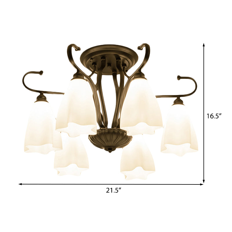 3/6/8 Lights White Glass Ceiling Light Fixture Classic Black Flower Shaped Living Room Semi Mount Lighting Clearhalo 'Ceiling Lights' 'Close To Ceiling Lights' 'Close to ceiling' 'Glass shade' 'Glass' 'Semi-flushmount' Lighting' 228702