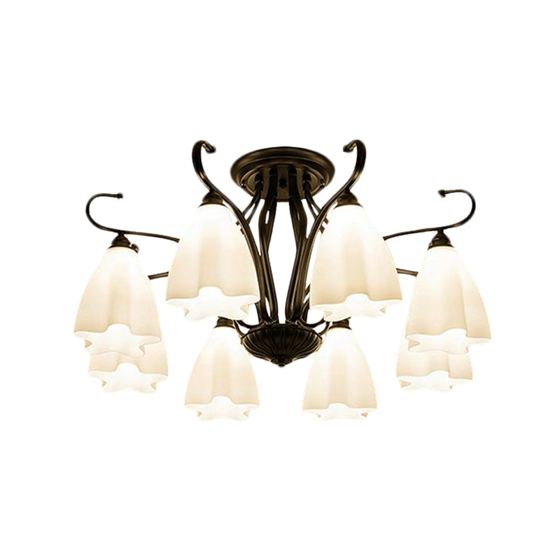 3/6/8 Lights White Glass Ceiling Light Fixture Classic Black Flower Shaped Living Room Semi Mount Lighting Clearhalo 'Ceiling Lights' 'Close To Ceiling Lights' 'Close to ceiling' 'Glass shade' 'Glass' 'Semi-flushmount' Lighting' 228704