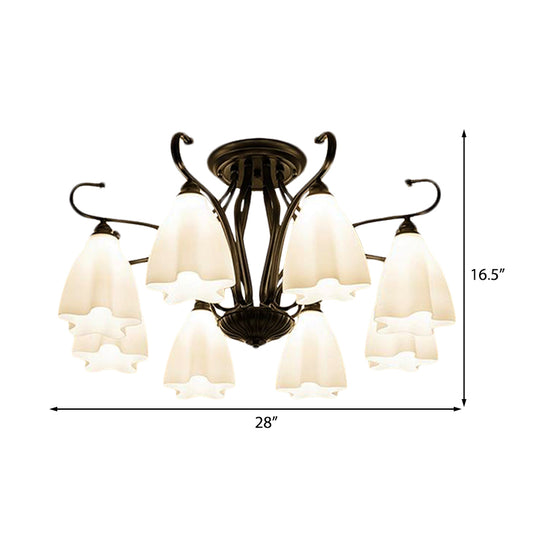 3/6/8 Lights White Glass Ceiling Light Fixture Classic Black Flower Shaped Living Room Semi Mount Lighting Clearhalo 'Ceiling Lights' 'Close To Ceiling Lights' 'Close to ceiling' 'Glass shade' 'Glass' 'Semi-flushmount' Lighting' 228705