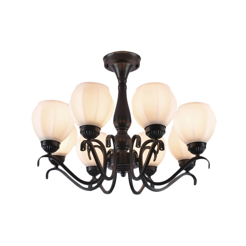 Black 3/5/6 Lights Ceiling Mount Traditional White Glass Swooping Arm Semi Flush Light for Living Room Clearhalo 'Ceiling Lights' 'Close To Ceiling Lights' 'Close to ceiling' 'Glass shade' 'Glass' 'Semi-flushmount' Lighting' 228737