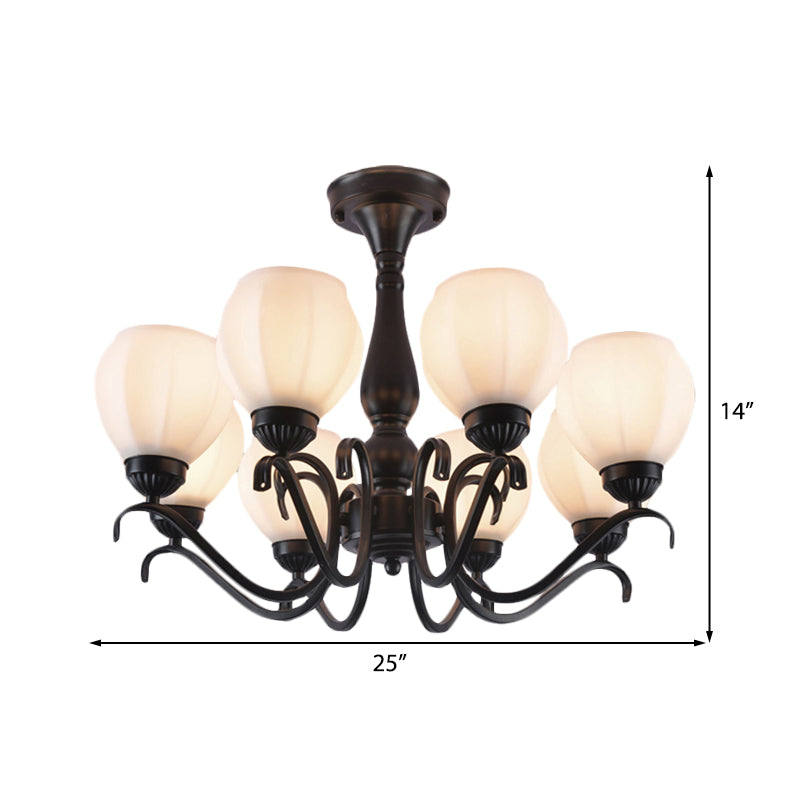 Black 3/5/6 Lights Ceiling Mount Traditional White Glass Swooping Arm Semi Flush Light for Living Room Clearhalo 'Ceiling Lights' 'Close To Ceiling Lights' 'Close to ceiling' 'Glass shade' 'Glass' 'Semi-flushmount' Lighting' 228738