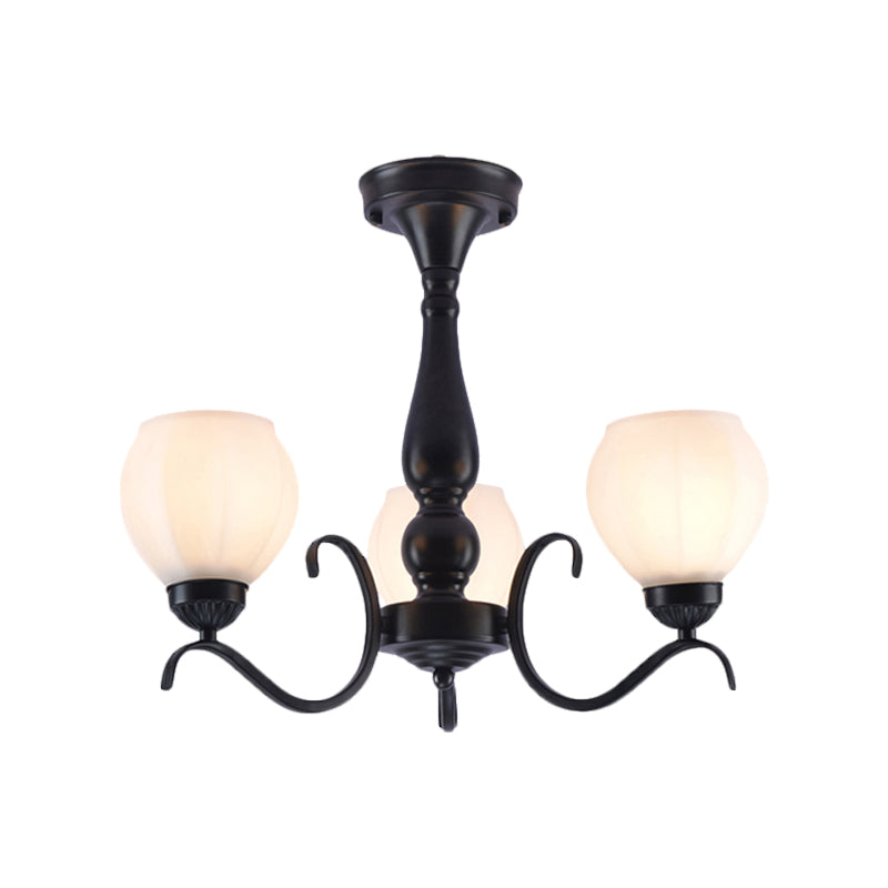 Black 3/5/6 Lights Ceiling Mount Traditional White Glass Swooping Arm Semi Flush Light for Living Room Clearhalo 'Ceiling Lights' 'Close To Ceiling Lights' 'Close to ceiling' 'Glass shade' 'Glass' 'Semi-flushmount' Lighting' 228742