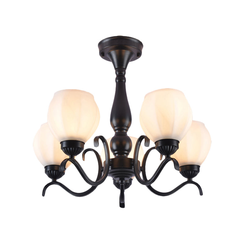 Black 3/5/6 Lights Ceiling Mount Traditional White Glass Swooping Arm Semi Flush Light for Living Room Clearhalo 'Ceiling Lights' 'Close To Ceiling Lights' 'Close to ceiling' 'Glass shade' 'Glass' 'Semi-flushmount' Lighting' 228745