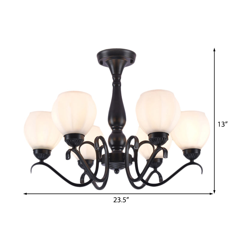 Black 3/5/6 Lights Ceiling Mount Traditional White Glass Swooping Arm Semi Flush Light for Living Room Clearhalo 'Ceiling Lights' 'Close To Ceiling Lights' 'Close to ceiling' 'Glass shade' 'Glass' 'Semi-flushmount' Lighting' 228749