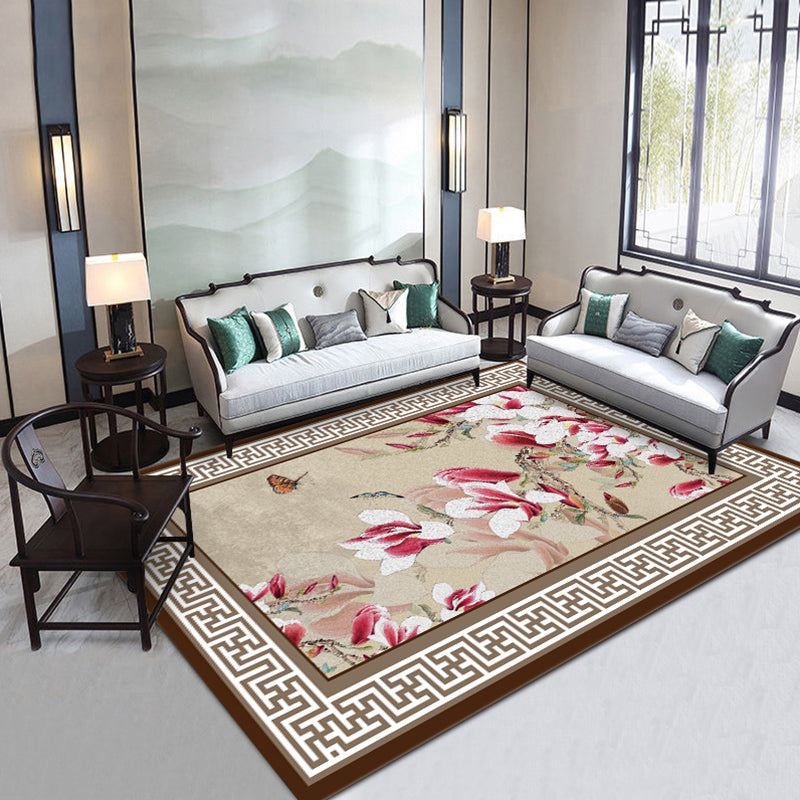 Asia Living Room Rug Multi Color Floral Print Area Carpet Polyster Non-Slip Backing Easy Care Indoor Rug Beige-Red Clearhalo 'Area Rug' 'Rug' 2287763