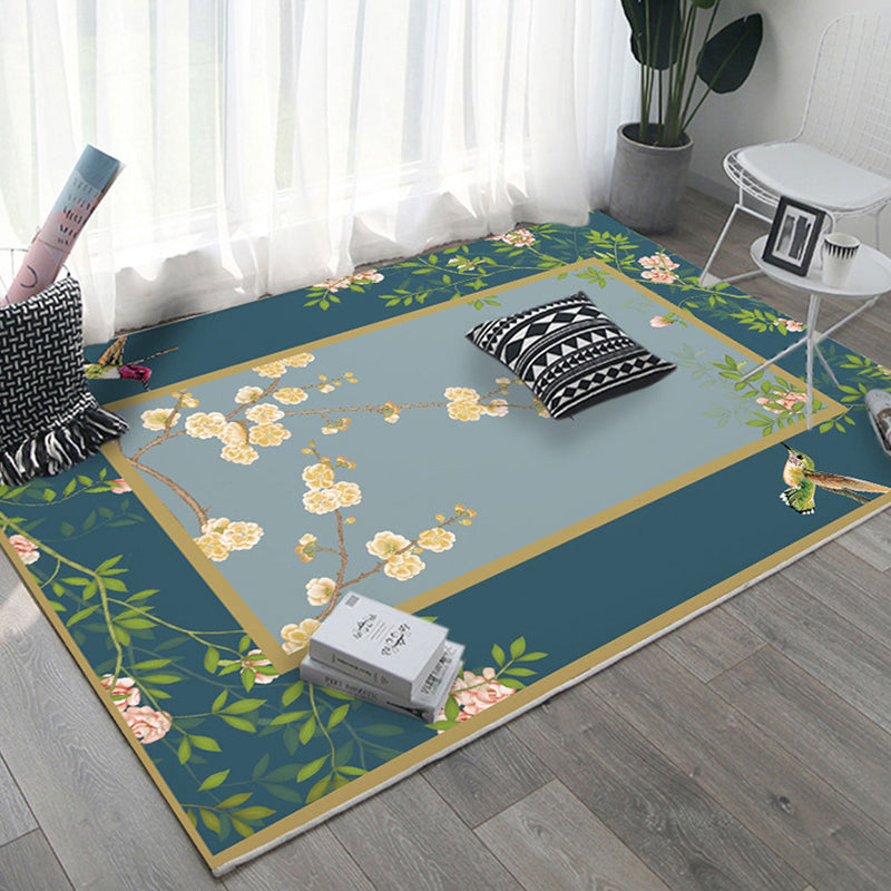 Asian Bedroom Rug Multi Color Floral Printed Area Carpet Polyster Non-Slip Backing Pet Friendly Rug Blue Clearhalo 'Area Rug' 'Rug' 2287764