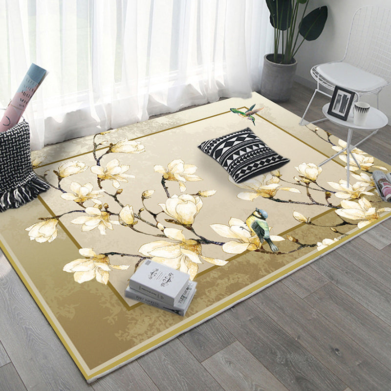 Asian Bedroom Rug Multi Color Floral Printed Area Carpet Polyster Non-Slip Backing Pet Friendly Rug Yellow Clearhalo 'Area Rug' 'Rug' 2287765