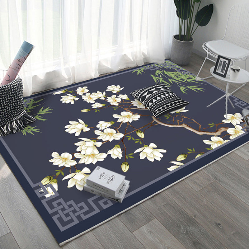 Asian Bedroom Rug Multi Color Floral Printed Area Carpet Polyster Non-Slip Backing Pet Friendly Rug Navy Clearhalo 'Area Rug' 'Rug' 2287766