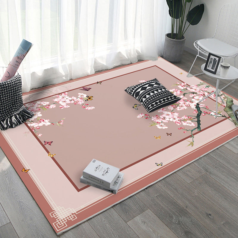 Asian Bedroom Rug Multi Color Floral Printed Area Carpet Polyster Non-Slip Backing Pet Friendly Rug Nude Pink Clearhalo 'Area Rug' 'Rug' 2287767