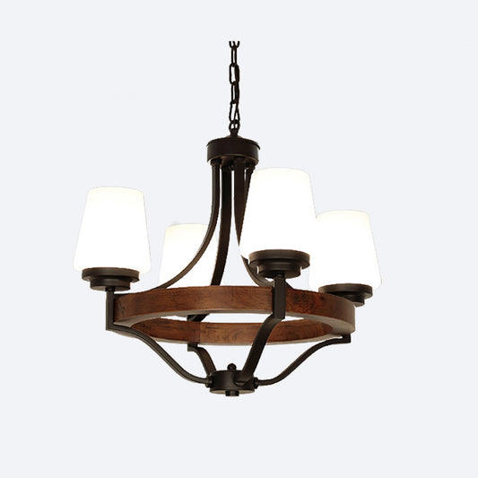 White Glass Cone Ceiling Light Fixture Rustic 4 Lights Dining Light Chandelier Light with Wooden Ring in Black Clearhalo 'Ceiling Lights' 'Chandeliers' Lighting' options 228776