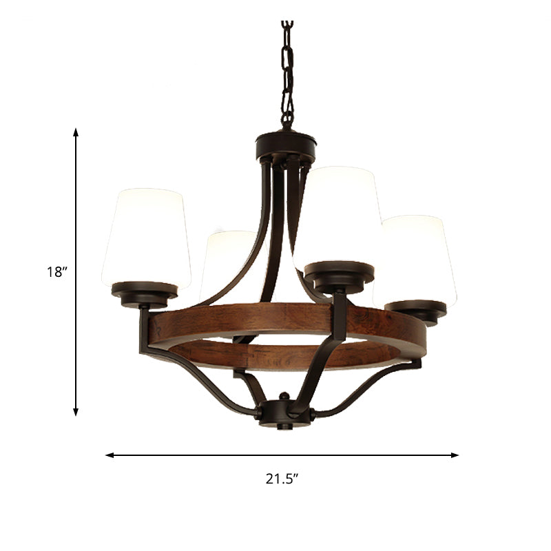 White Glass Cone Ceiling Light Fixture Rustic 4 Lights Dining Light Chandelier Light with Wooden Ring in Black Clearhalo 'Ceiling Lights' 'Chandeliers' Lighting' options 228777