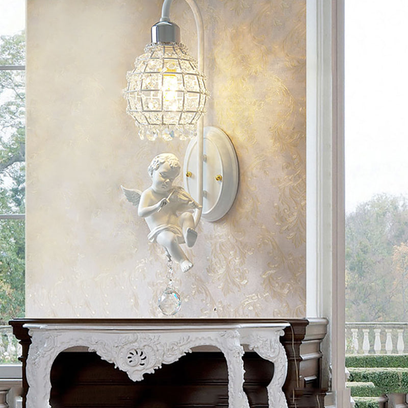 1 Light Wall Sconce Light with Globe Crystal and Angel Decoration Simple Corridor Wall Mount Light in White White Crystal Clearhalo 'Wall Lamps & Sconces' 'Wall Lights' Lighting' 228783