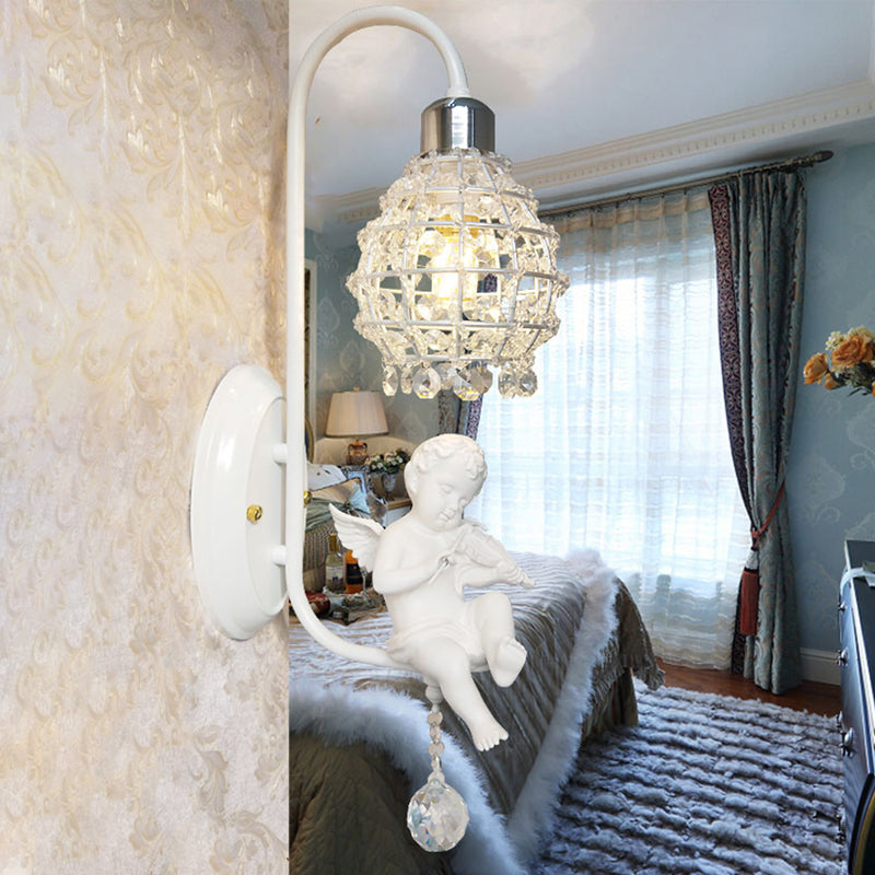 1 Light Wall Sconce Light with Globe Crystal and Angel Decoration Simple Corridor Wall Mount Light in White Clearhalo 'Wall Lamps & Sconces' 'Wall Lights' Lighting' 228784