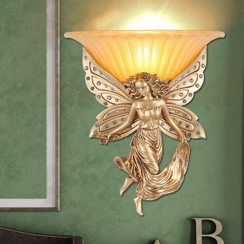 1 Light Wall Sconce Light Vintage Flared Glass Wall Mounted Light with Gold Resin Spirit Base Clearhalo 'Wall Lamps & Sconces' 'Wall Lights' Lighting' 228806