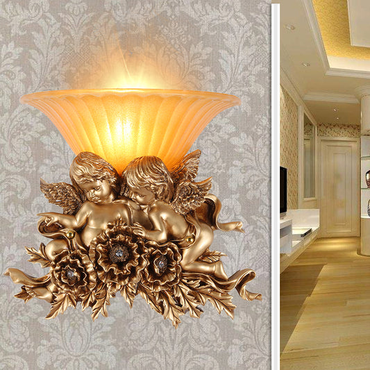 Flared Amber Glass Sconce Light Vintage 1 Light Hallway Wall Mount Light with Double Angel Decoration Clearhalo 'Wall Lamps & Sconces' 'Wall Lights' Lighting' 228810