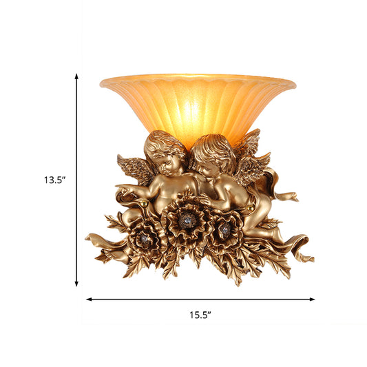 Flared Amber Glass Sconce Light Vintage 1 Light Hallway Wall Mount Light with Double Angel Decoration Clearhalo 'Wall Lamps & Sconces' 'Wall Lights' Lighting' 228812