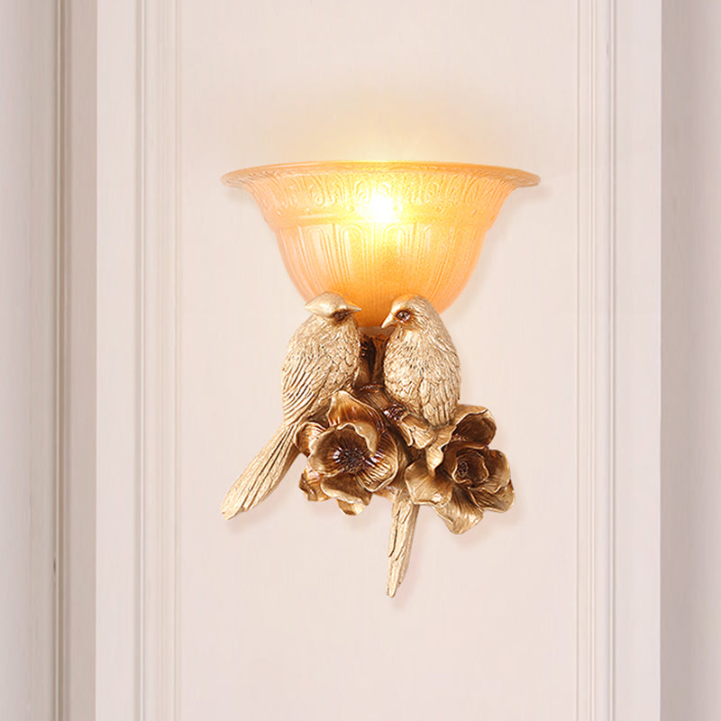 Frosted Glass Flared Wall Light Fixture Antique 1 Light Hallway Sconce Light with Gold Bird Decoration Clearhalo 'Wall Lamps & Sconces' 'Wall Lights' Lighting' 228814