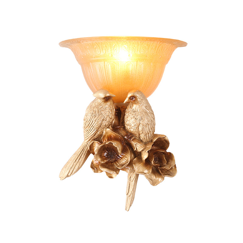 Frosted Glass Flared Wall Light Fixture Antique 1 Light Hallway Sconce Light with Gold Bird Decoration Clearhalo 'Wall Lamps & Sconces' 'Wall Lights' Lighting' 228815