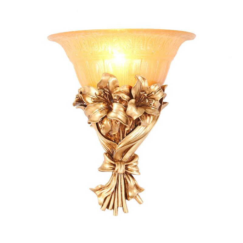 1 Light Flared Wall Light Vintage Gold Resin Sconce Light with Flower/Peacock Tail Decoration Clearhalo 'Wall Lamps & Sconces' 'Wall Lights' Lighting' 228819