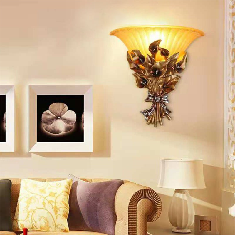 Gold Flower Wall Mount Light Traditional Resin 1 Light Living Room Sconce Light with Flared Glass Shade Gold Clearhalo 'Wall Lamps & Sconces' 'Wall Lights' Lighting' 228822