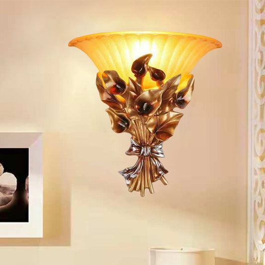 Gold Flower Wall Mount Light Traditional Resin 1 Light Living Room Sconce Light with Flared Glass Shade Clearhalo 'Wall Lamps & Sconces' 'Wall Lights' Lighting' 228823