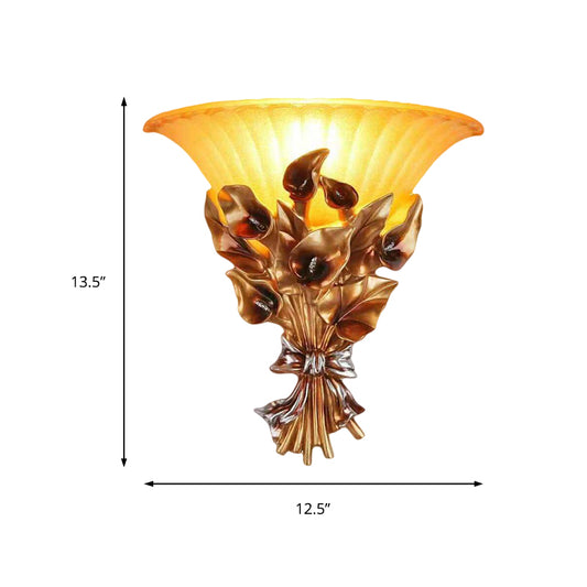 Gold Flower Wall Mount Light Traditional Resin 1 Light Living Room Sconce Light with Flared Glass Shade Clearhalo 'Wall Lamps & Sconces' 'Wall Lights' Lighting' 228825