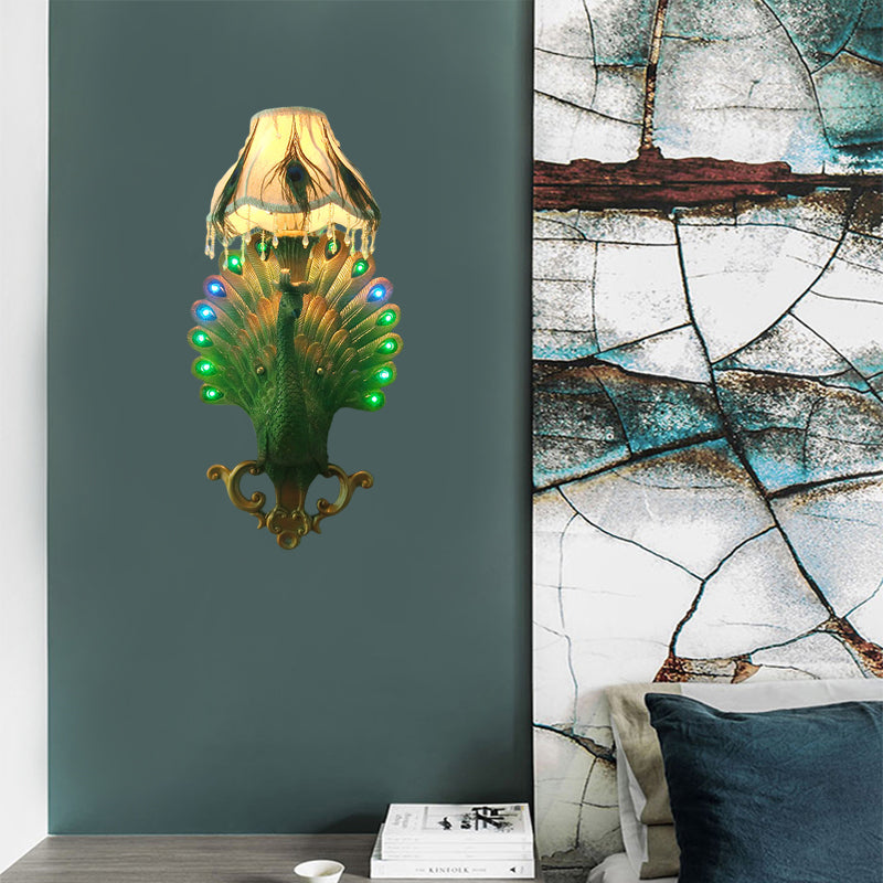 Green Peacock Wall Mounted Light Southeast Asia Style Resin 1 Light Bedroom Sconce Light Green Clearhalo 'Wall Lamps & Sconces' 'Wall Lights' Lighting' 228826